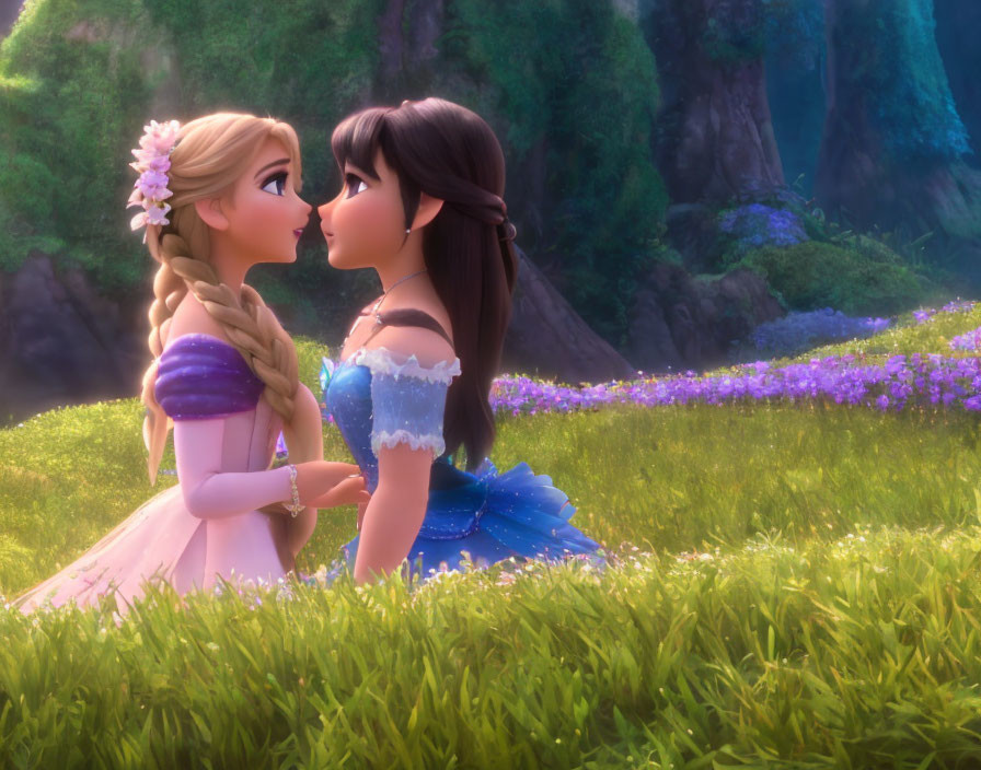 Animated characters with braided hair holding hands in sunlit meadow