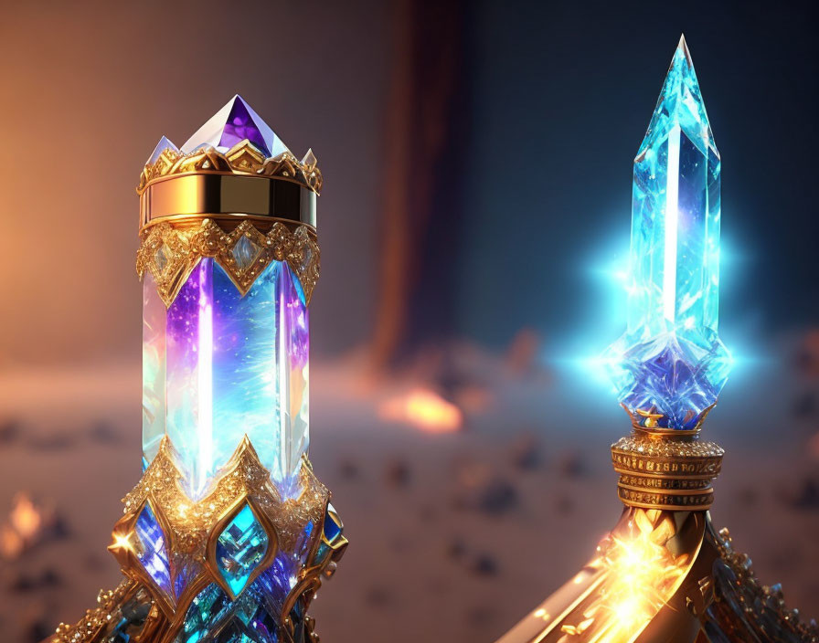 Intricate Scepter and Sword with Glowing Blue Crystals in Warm, Dimly Lit