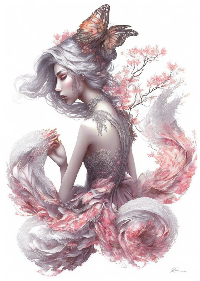 Illustration: Woman with gray hair, butterfly on shoulder, pink floral dress