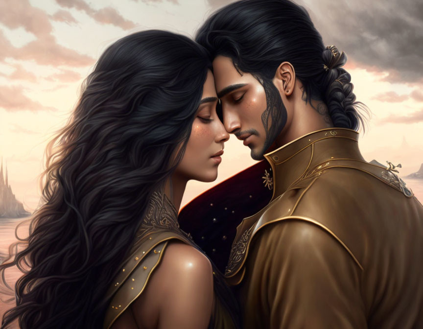 Animated characters with long, dark hair in ornate clothing share a tender moment against dusky sky.