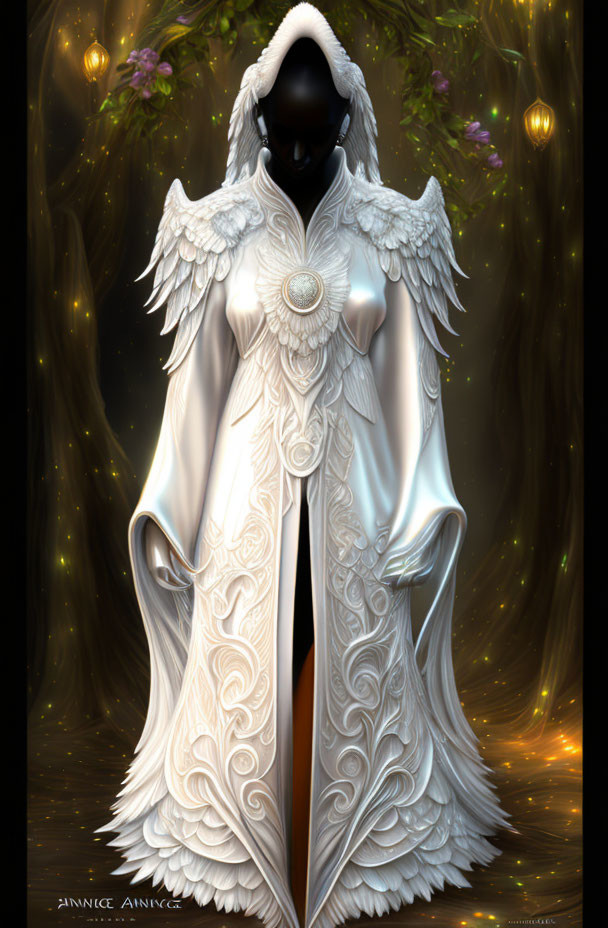 Majestic figure in intricate white robe with wings, glowing in mystical forest.