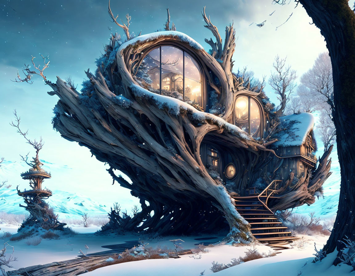 Cozy treehouse with warm lights in ancient gnarled tree at winter night