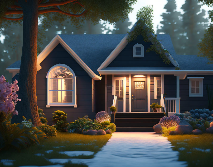Blue Cottage with Lit Porch Lights in Twilight Garden