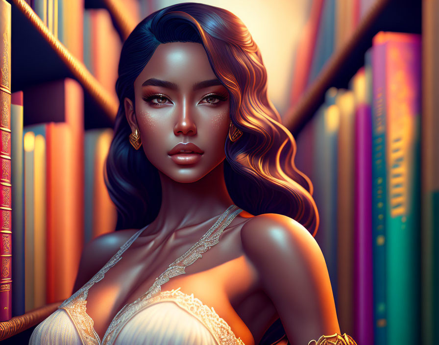 Illustrated woman with wavy hair among colorful books displays elegance and mystery
