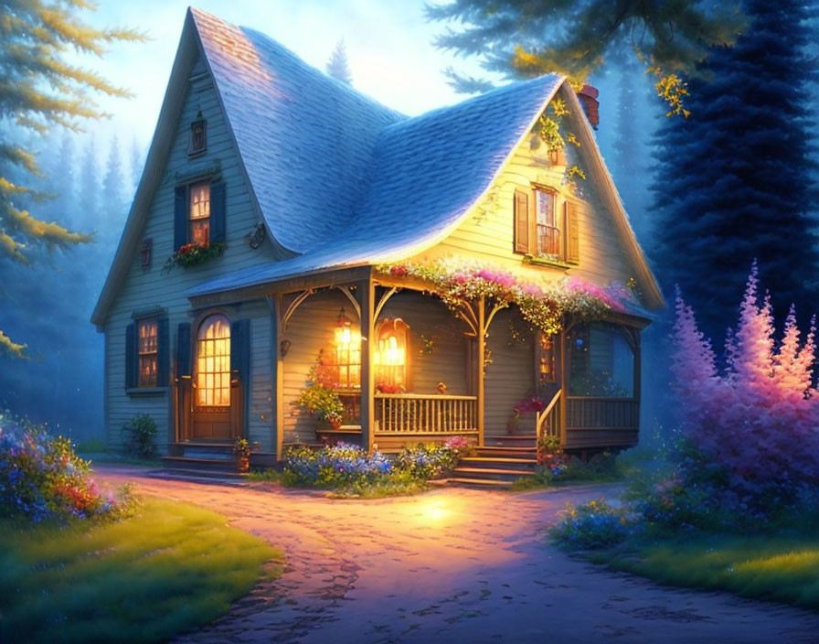 Charming cottage at twilight with warm glowing light and lush greenery