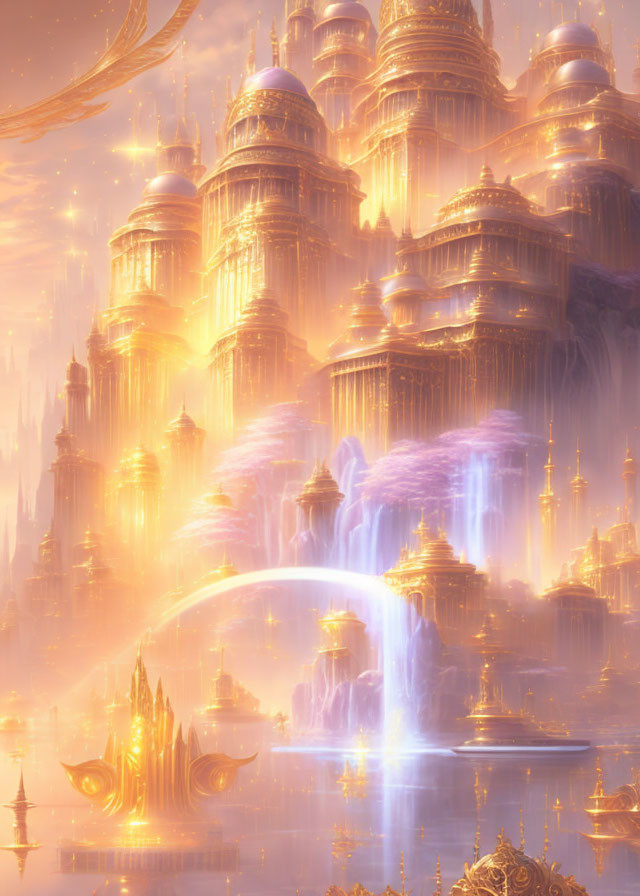 Majestic fantasy city with golden spires and waterfalls