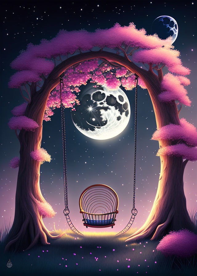 Night scene with full moon, blossoming trees, swing, and ground lights.
