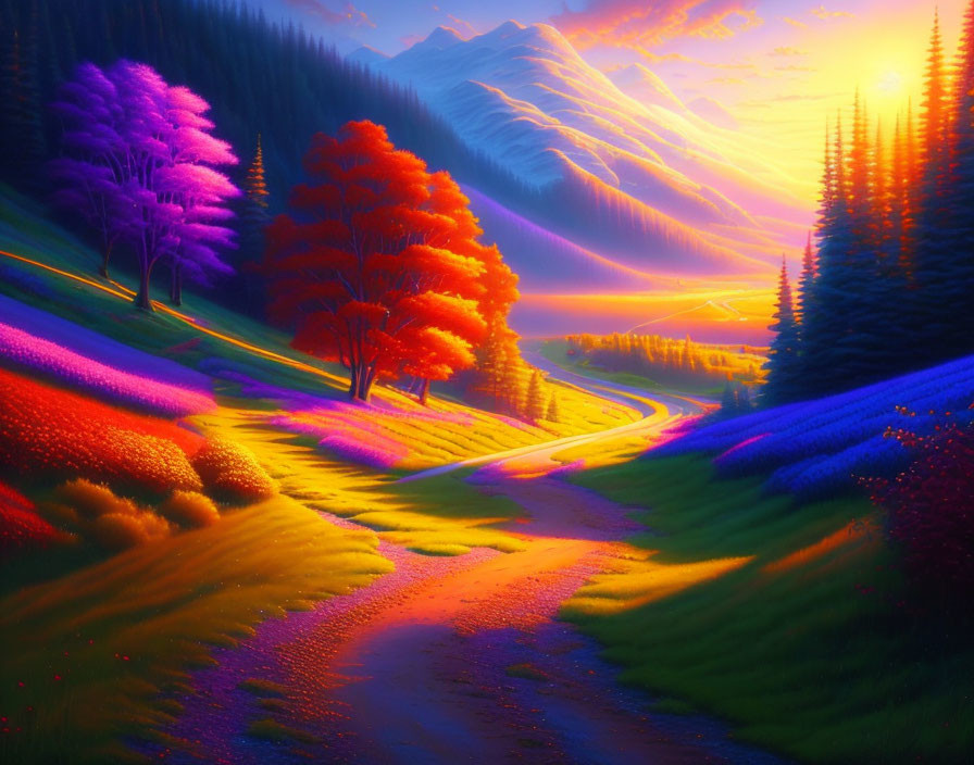 Colorful landscape with winding path, illuminated trees, flowers, and mountains under sunset sky