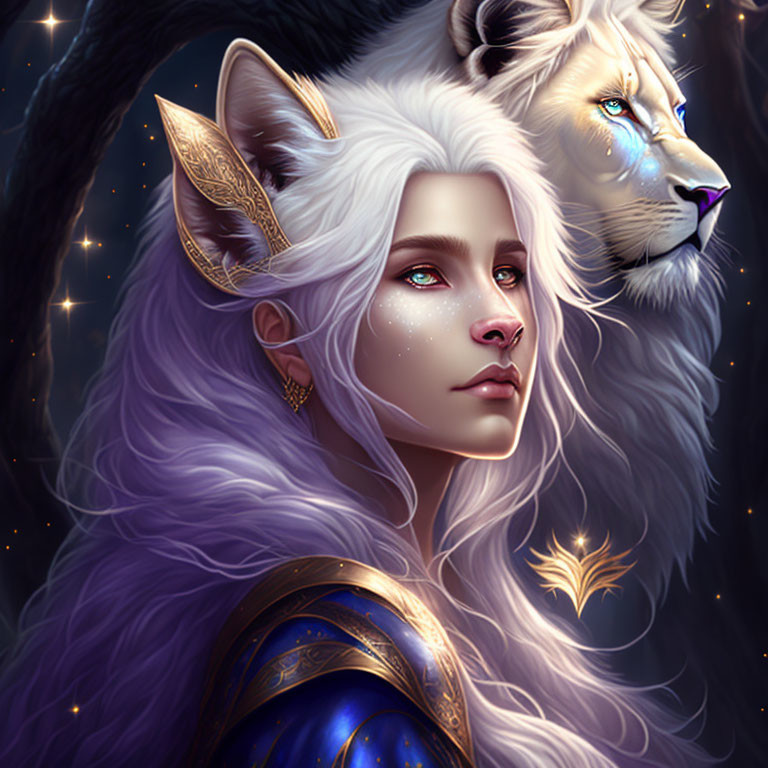 Majestic white lion and ethereal woman in starry night scene
