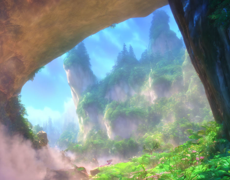Mystical cave opening unveils lush, foggy landscape