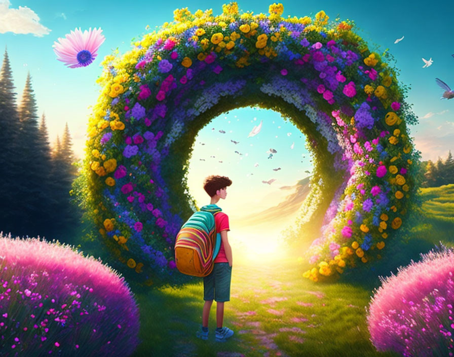 Boy with backpack in front of vibrant floral archway in mystical landscape
