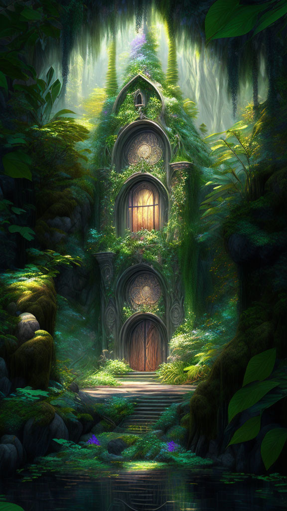 Enchanting forest scene with mystical door, window, foliage, moss, ethereal light, and