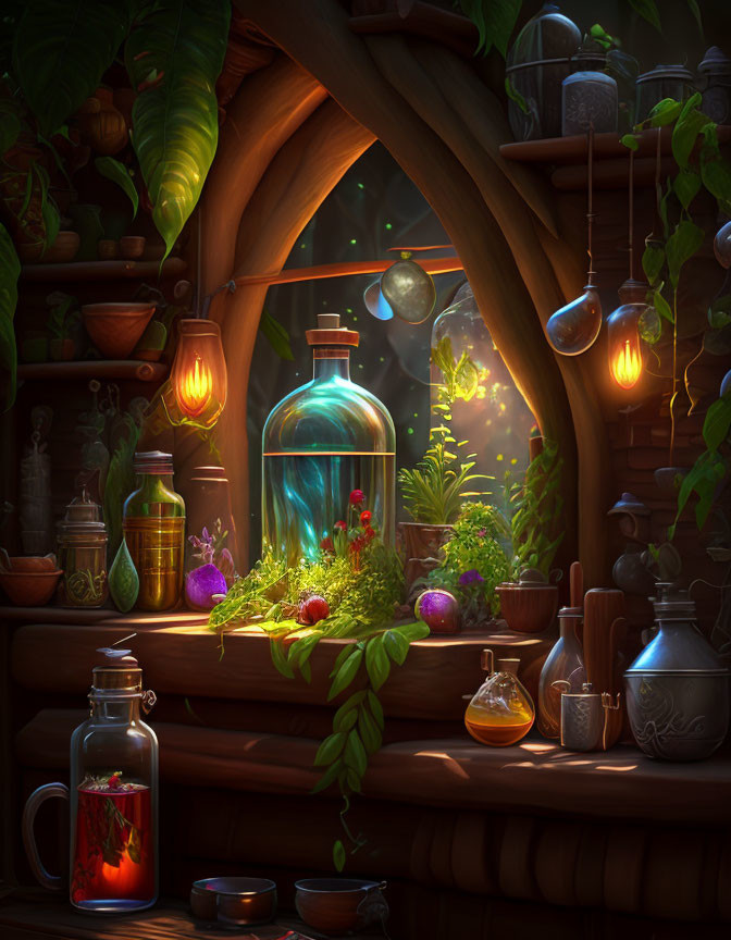 Enchanting potions room with glowing bottles and mystical orbs