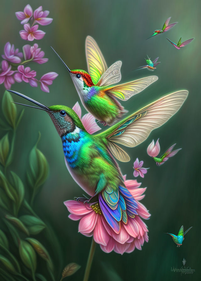 Colorful hummingbirds and pink flowers on green background