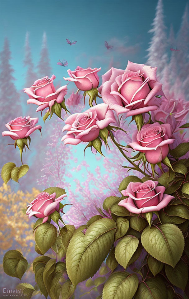 Digital artwork: Pink roses bouquet in mystical forest with butterflies