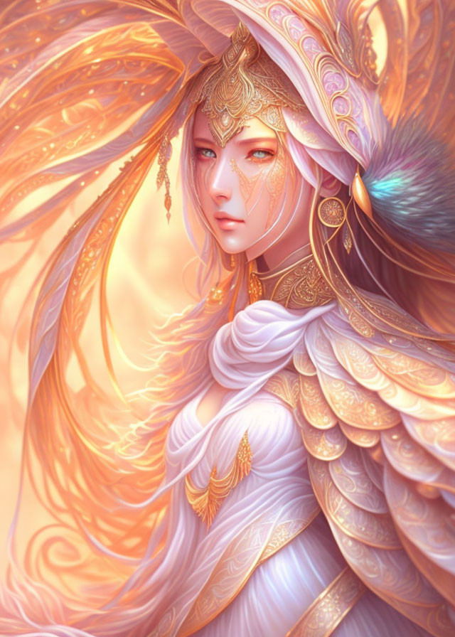 Ethereal woman in golden armor with flowing hair