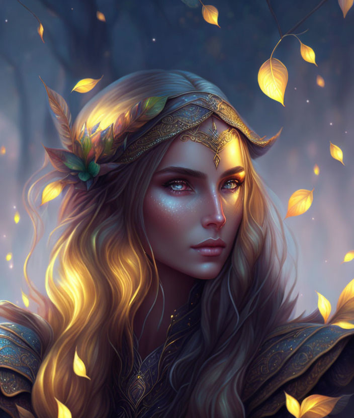 Ethereal Woman with Golden Hair in Autumn Forest Scene