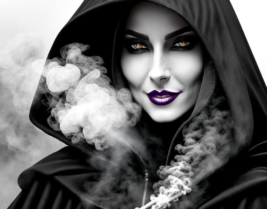Monochromatic image of person with smoky makeup, dark hood, and vibrant purple lips