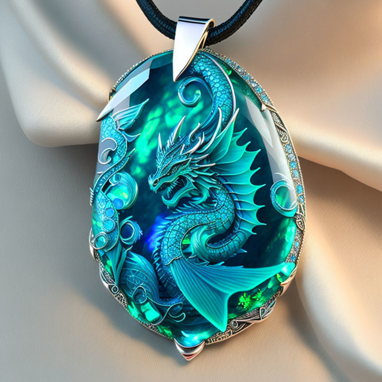 Blue-Green Dragon Pendant in Silver Frame on Beige Background