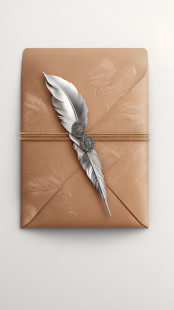 Beige Envelope with Silver Feather and Diamond Embellishments