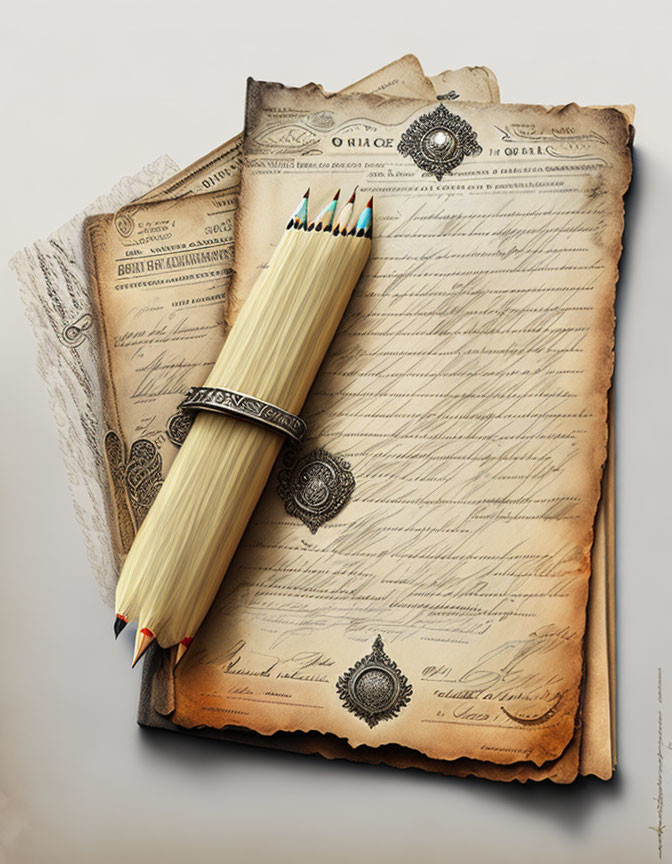 Bundle of Colored Pencils on Vintage Papers with Elegant Handwriting