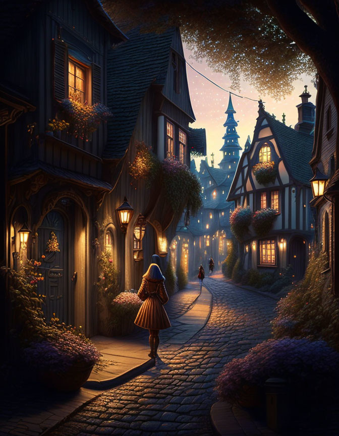 Twilight scene of person walking on charming street
