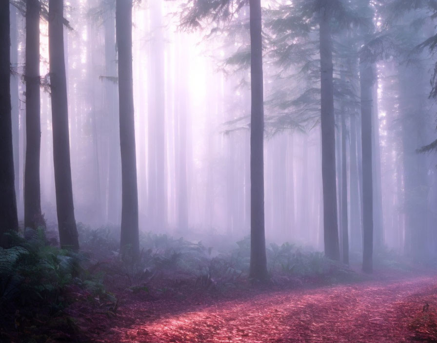 Misty forest with sunbeams on red foliage path