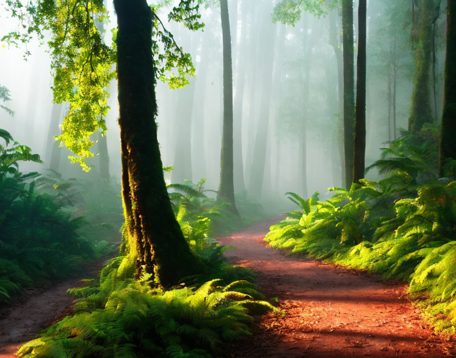 Sunlit Misty Forest Path with Green Ferns