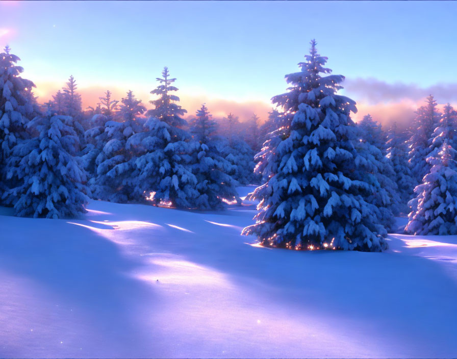 Snow-covered trees in serene winter landscape under soft light