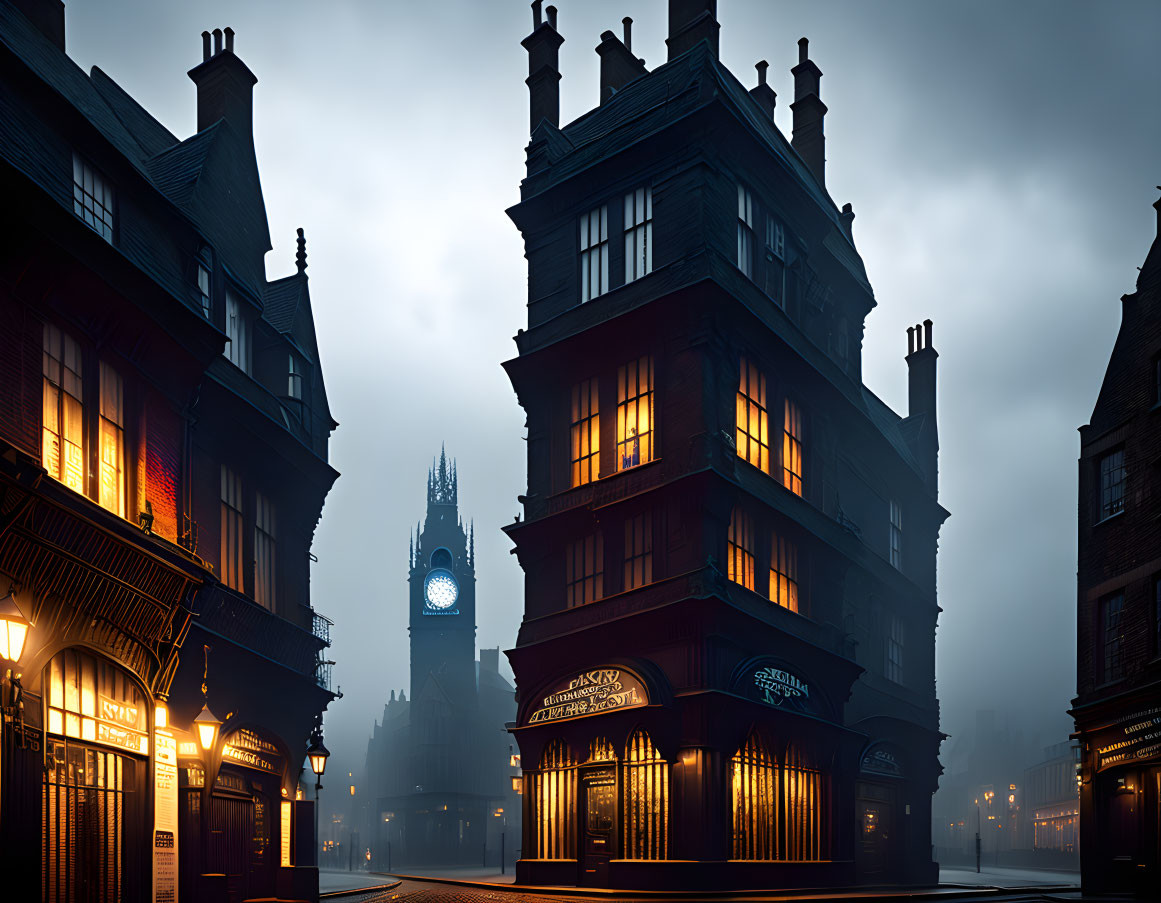Twilight fog envelops old Victorian building with warm lights, clock tower in distance.