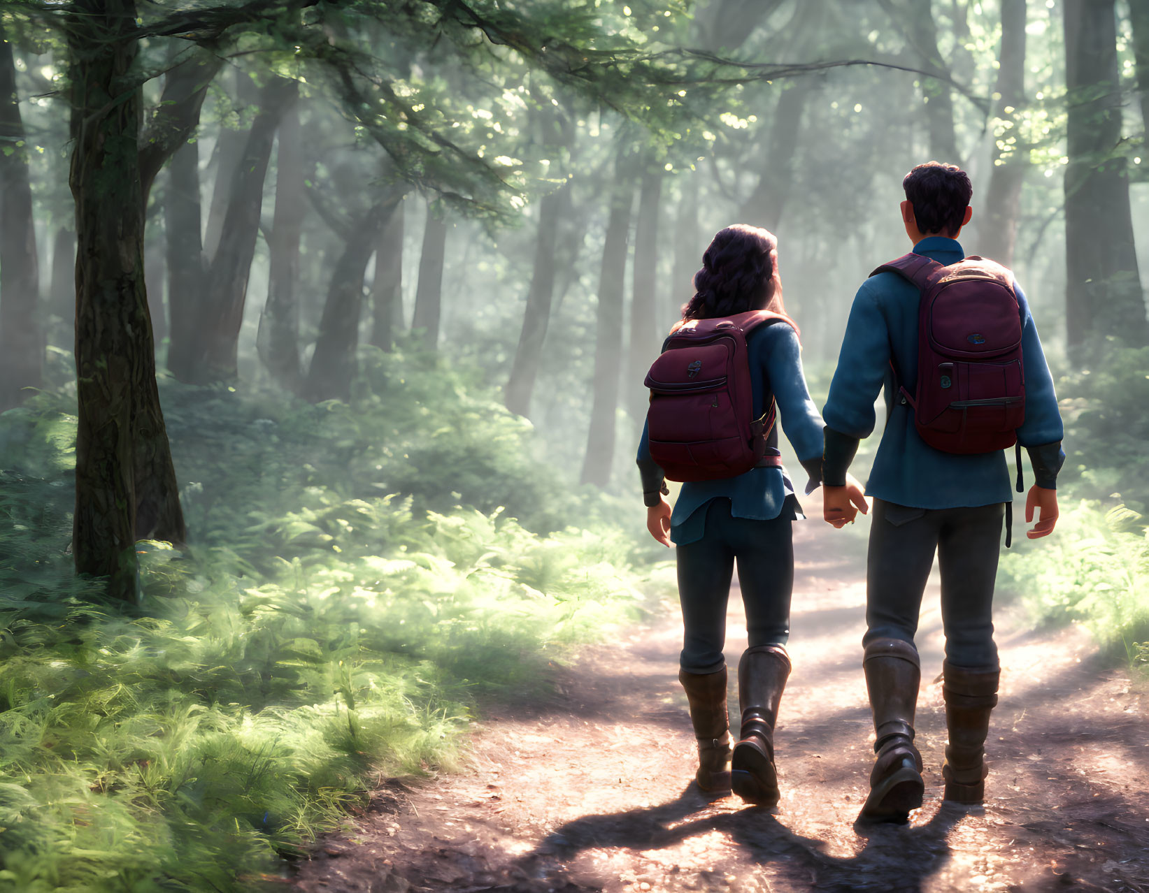 Couple walking in sunlit forest with backpacks and boots