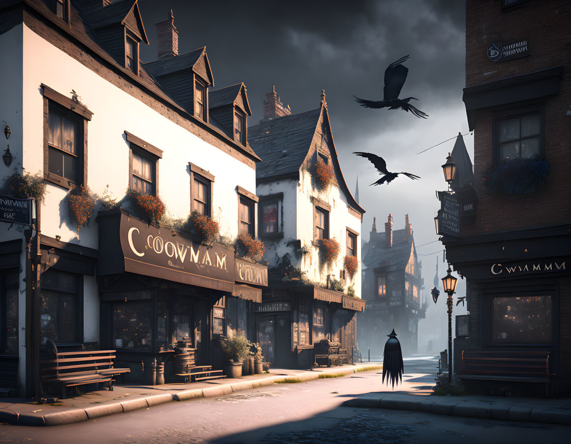 Dimly-lit cobblestone street with cloaked figure and birds at twilight