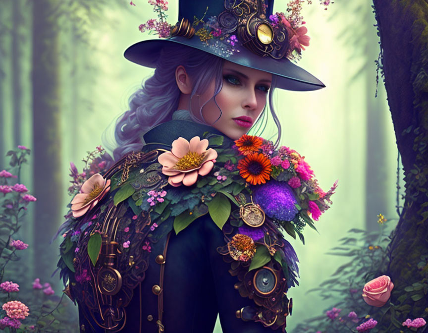 Blue-haired woman in floral hat surrounded by colorful blooms and gears in mystical forest