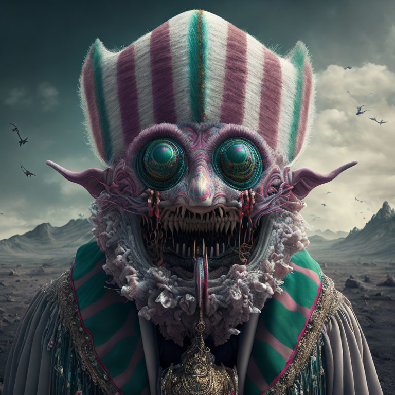 Iridescent-eyed creature in striped hat and ornate attire in desolate landscape