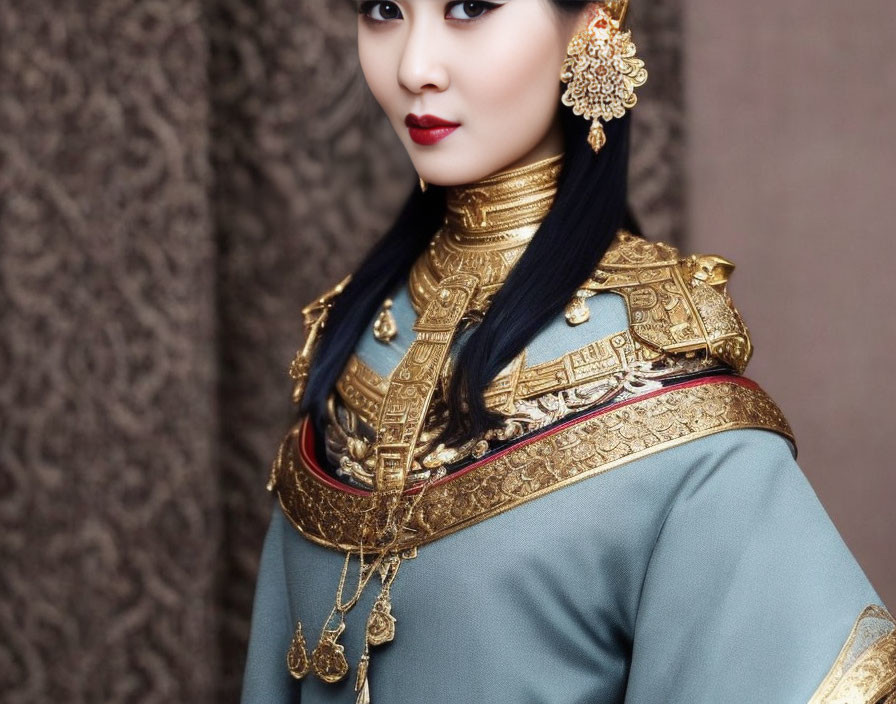 Traditional Asian-inspired woman in gold and blue costume with intricate designs.
