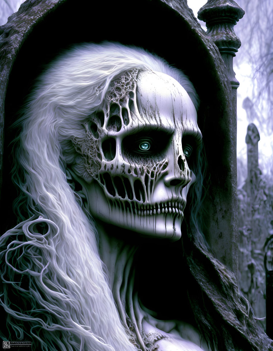 Spooky skeletal figure with haunting eyes in misty graveyard