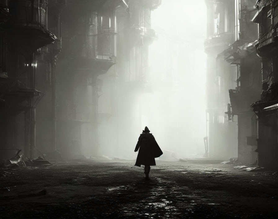 Mysterious figure in cloak on foggy dystopian street