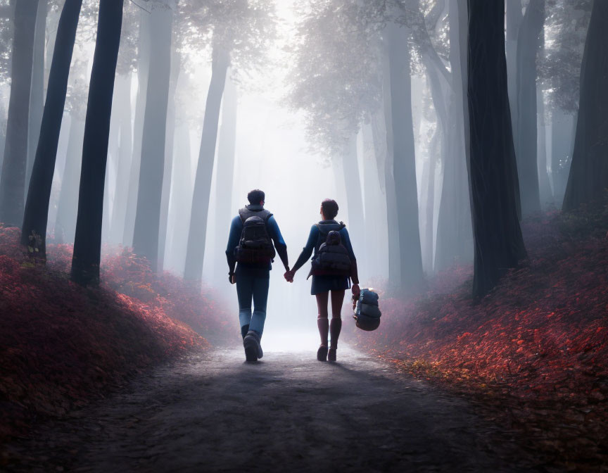 Couple walking hand in hand through foggy forest with red leaves