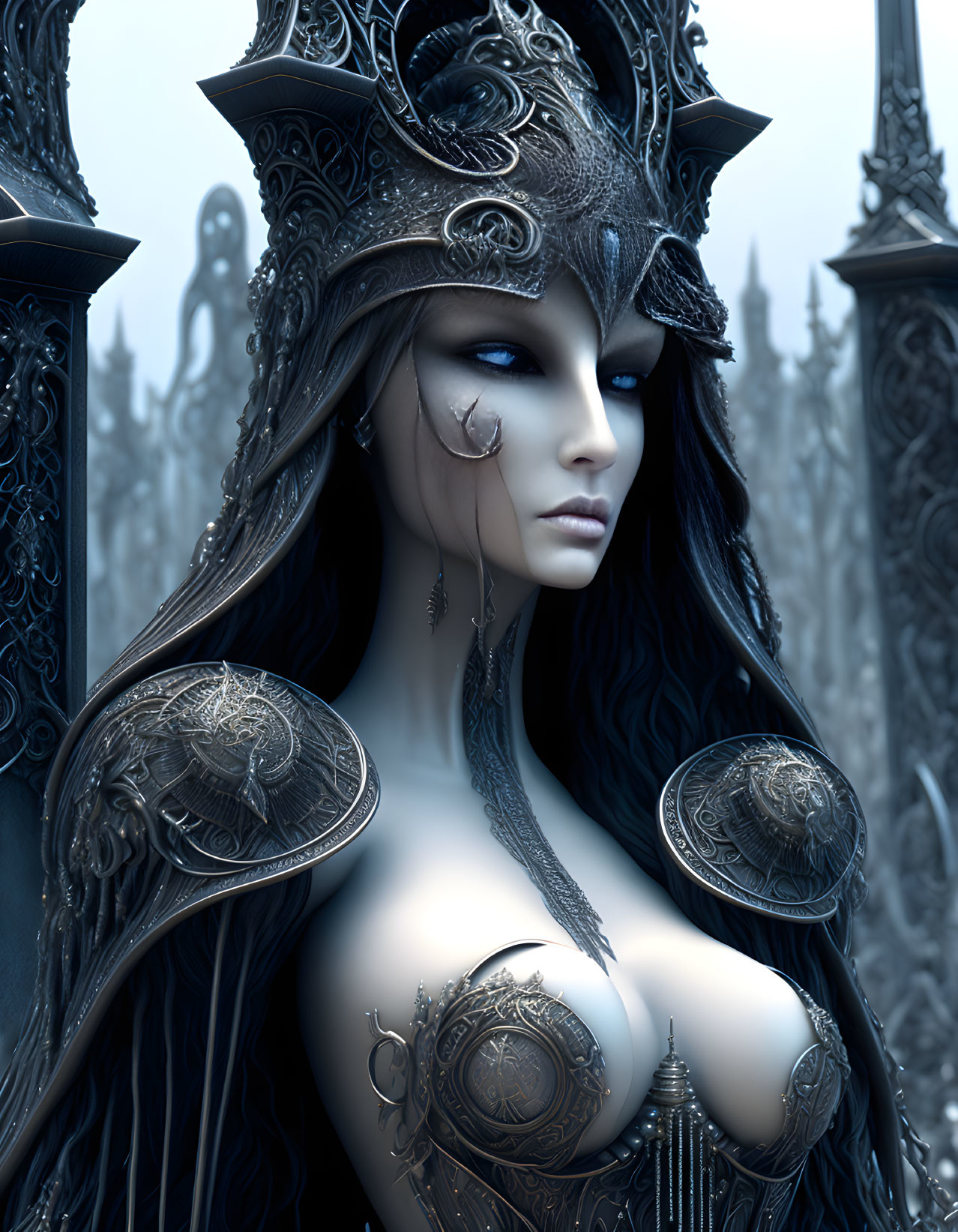 Fantasy female character with pale skin, blue eyes, and dark hair in black and silver headdress