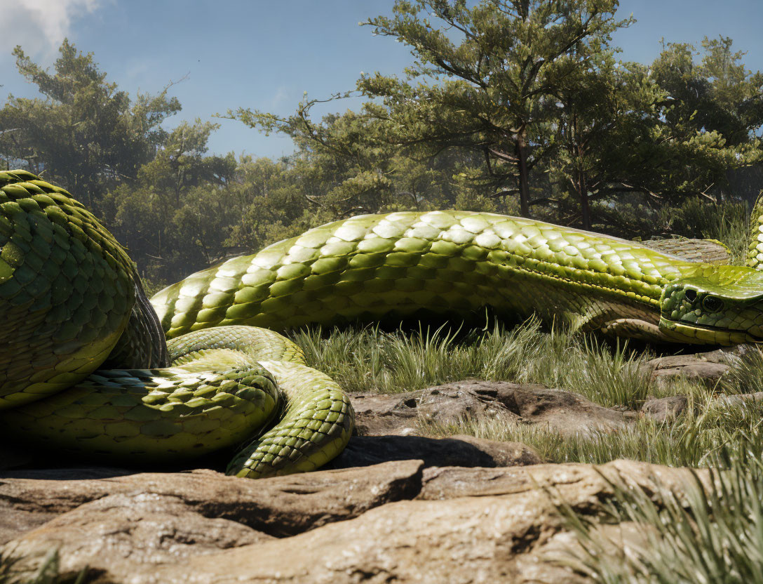 Detailed 3D Rendering: Giant Green Snake Slithering in Dense Forest