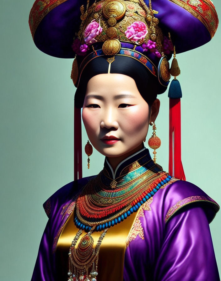 Traditional Asian Royal Attire Portrait with Purple Robe and Elaborate Headdress