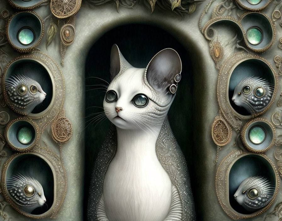 Surreal white cat surrounded by fish-like creatures in ornate circular frames