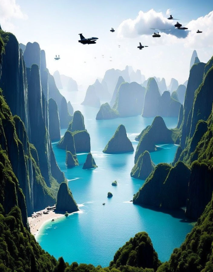 Aerial view of turquoise sea, karst limestone formations, greenery, beaches, fighter jets.