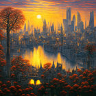 Futuristic cityscape at sunset with skyscrapers and autumnal trees