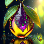 Digital artwork: Dew-covered golden leaf branch with purple teardrop bead and reflective orb