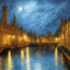 Moonlit Night: Serene River, Historical Buildings, Bridge, Starry Sky