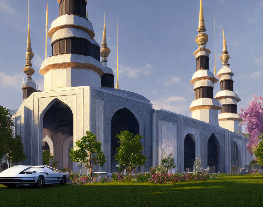 Grand mosque with multiple minarets, sports car, and lush greenery in the foreground