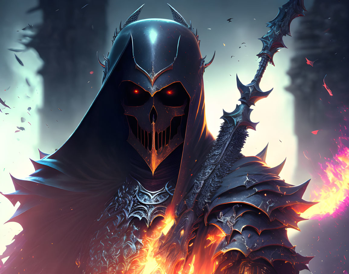 Mystical dark armor figure with skull-like face in fiery setting