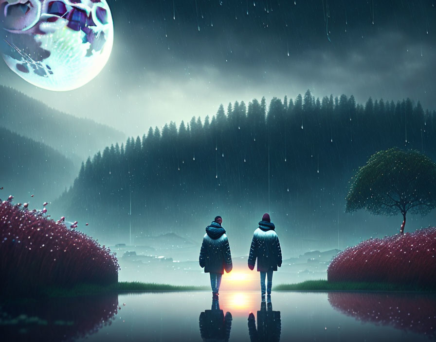 Two individuals under glowing sphere in rainy forest twilight