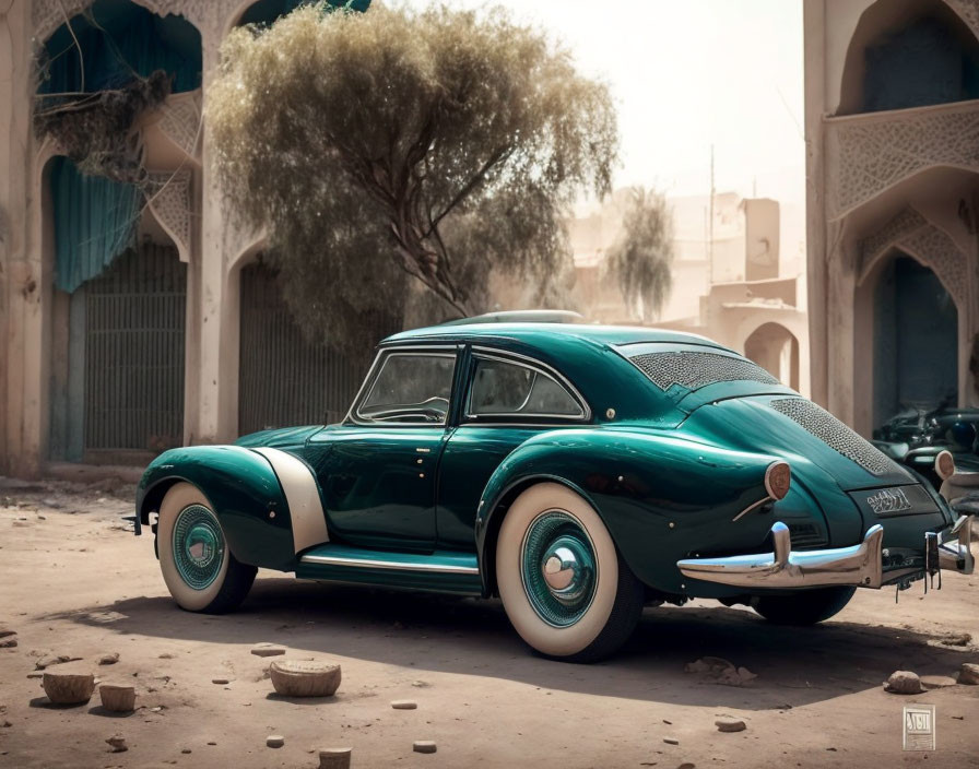 Vintage Teal Car with White-Walled Tires in Traditional Setting